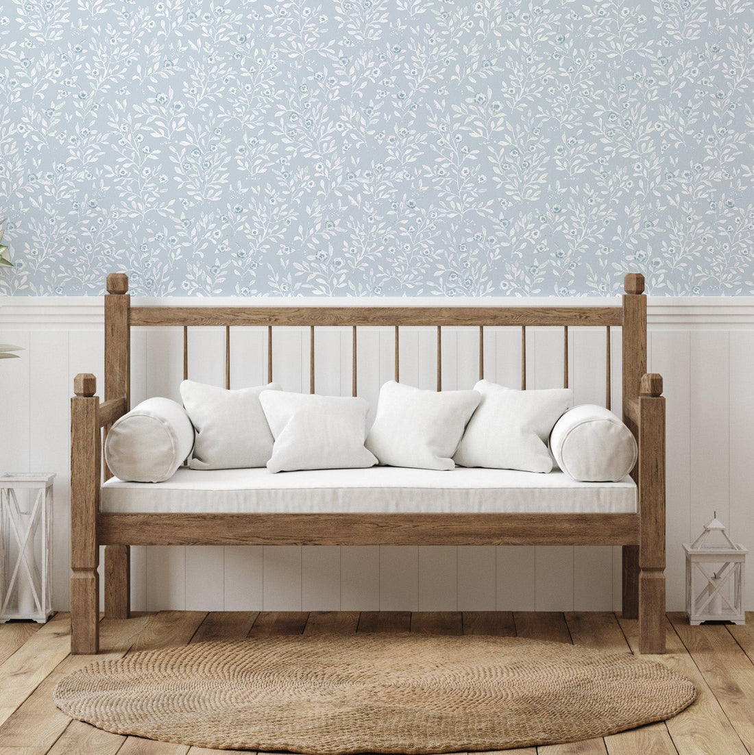 Jessi floral pattern wallpaper in light blue and white shades