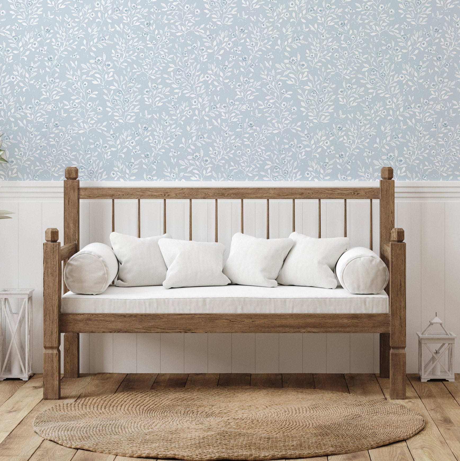 Jessi floral pattern wallpaper in light blue and white shades