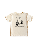 Kids cotton graphic tee with Jesus Take The Wheels scooter design