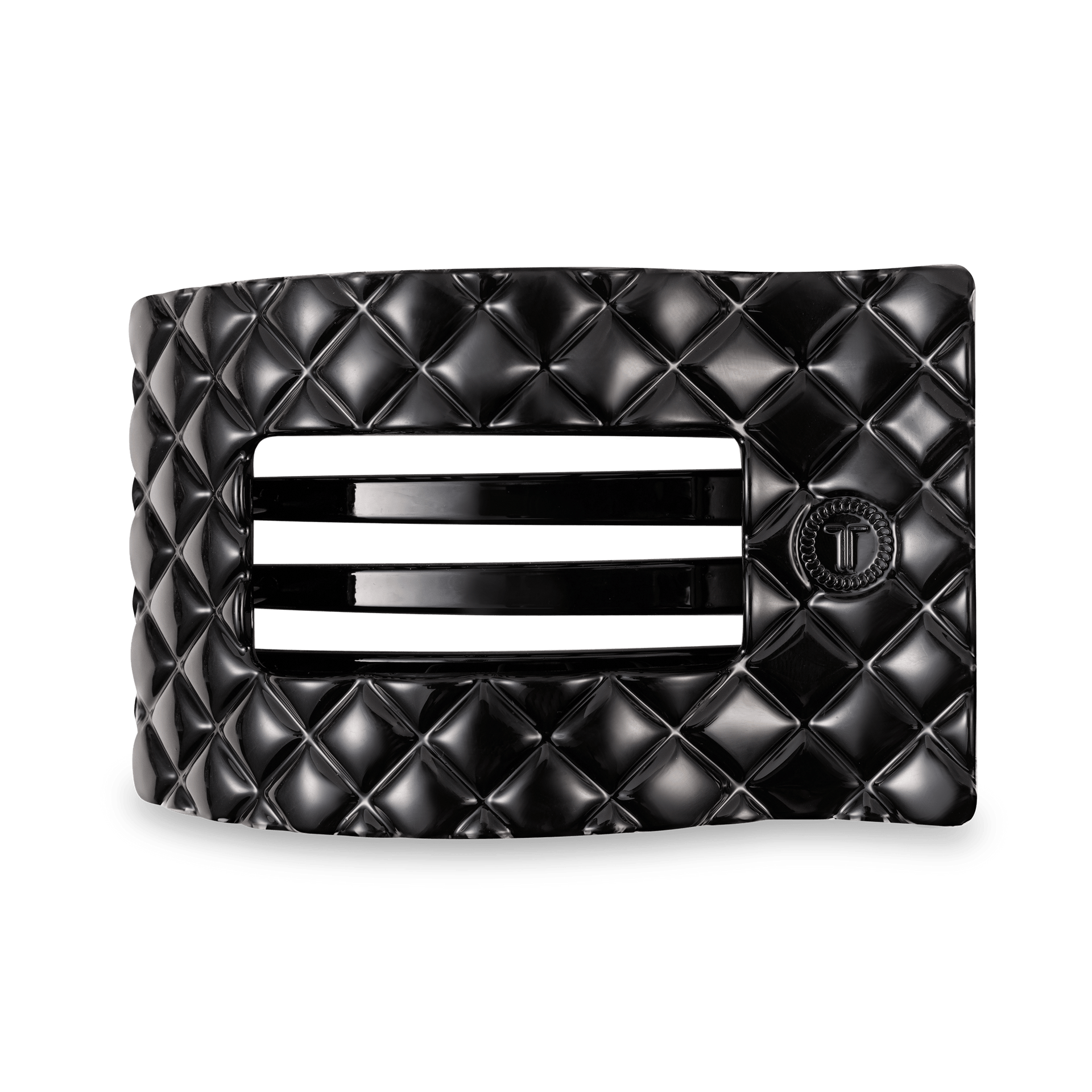 Large flat rectangular hair clip with black quilted texture