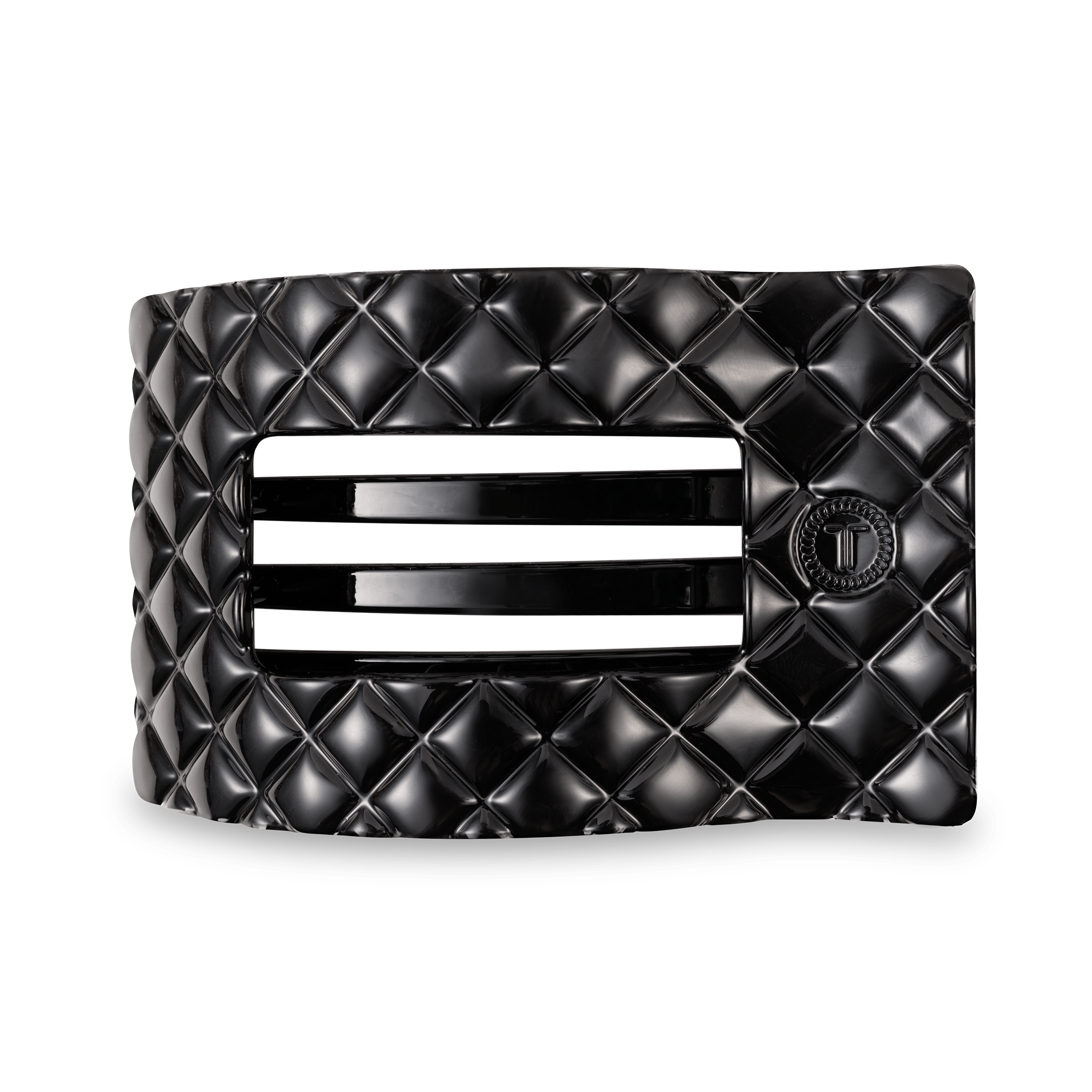 Large flat rectangular hair clip with black quilted texture