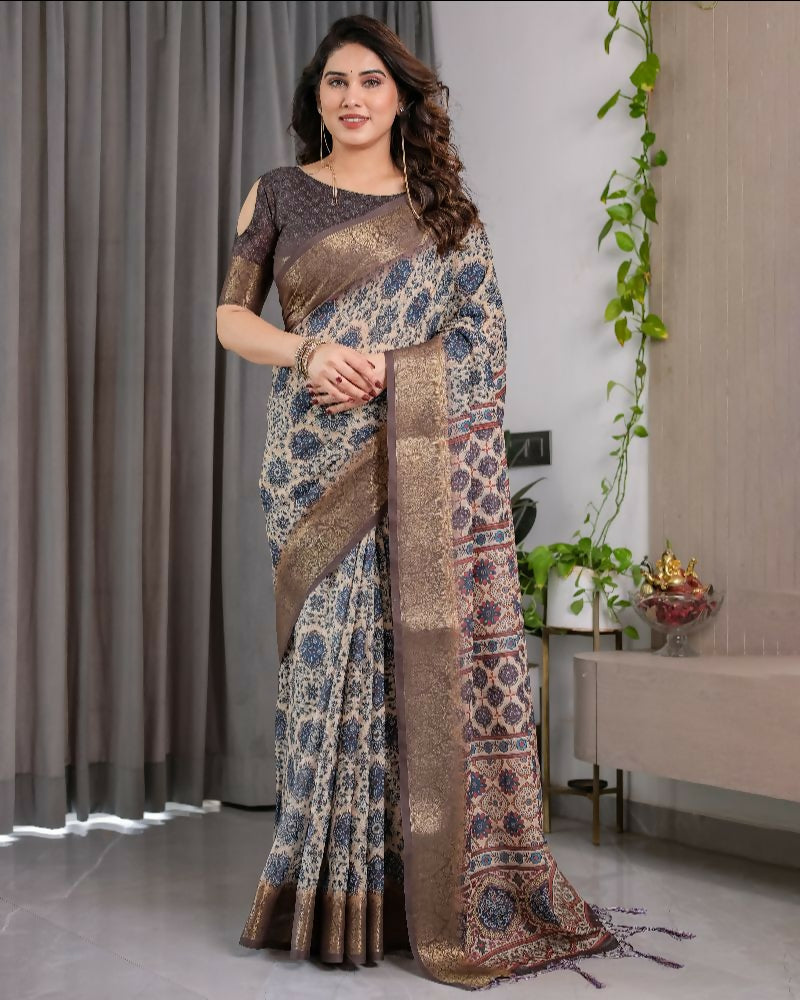 Sophisticated grey pure handloom linen saree, perfect for a refined and minimalist ethnic look.