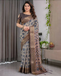 Sophisticated grey pure handloom linen saree, perfect for a refined and minimalist ethnic look.