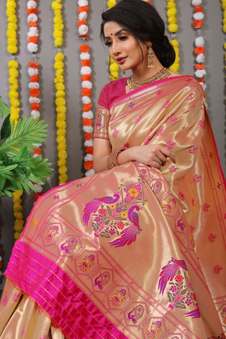 Rani Pink Paithani Silk Saree with Zari Woven Border and Blouse