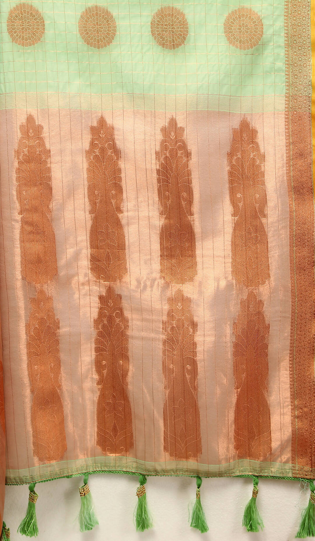 Seagreen Cotton Saree with Metallic Gold Zari Weaving and Tassels