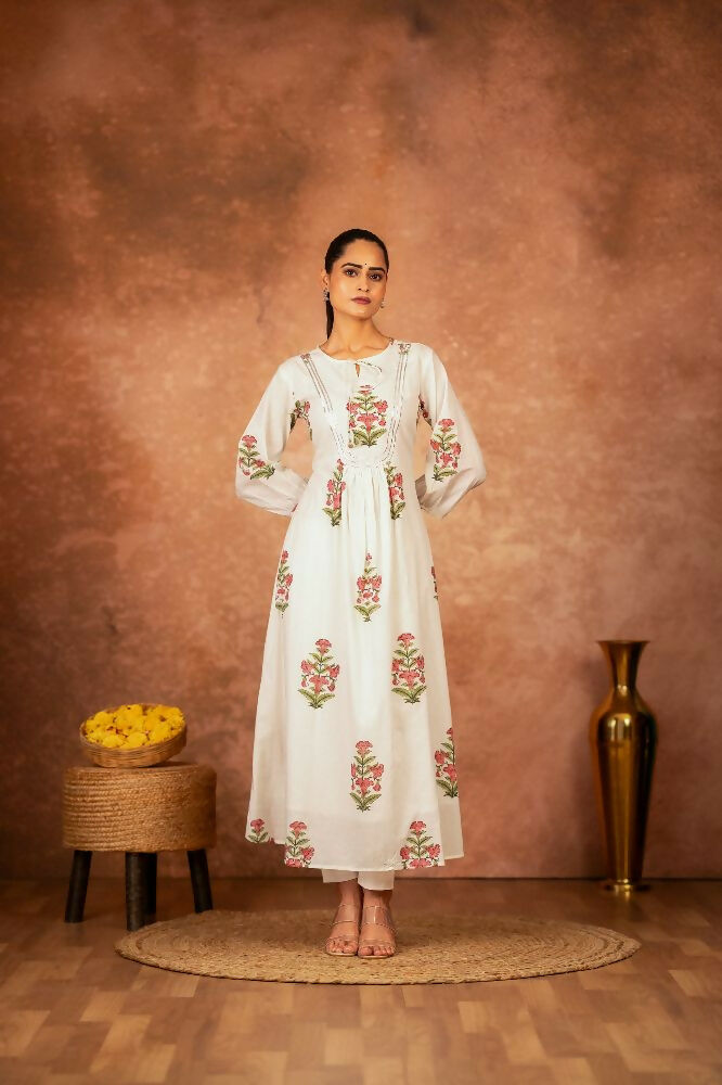 Elegant off-white and pink floral print cotton kurta set