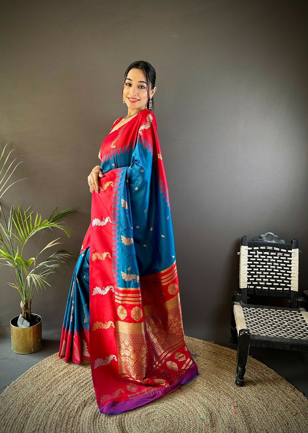 Red Peacock Butti Banarasi Silk Saree with Unstitched Blouse