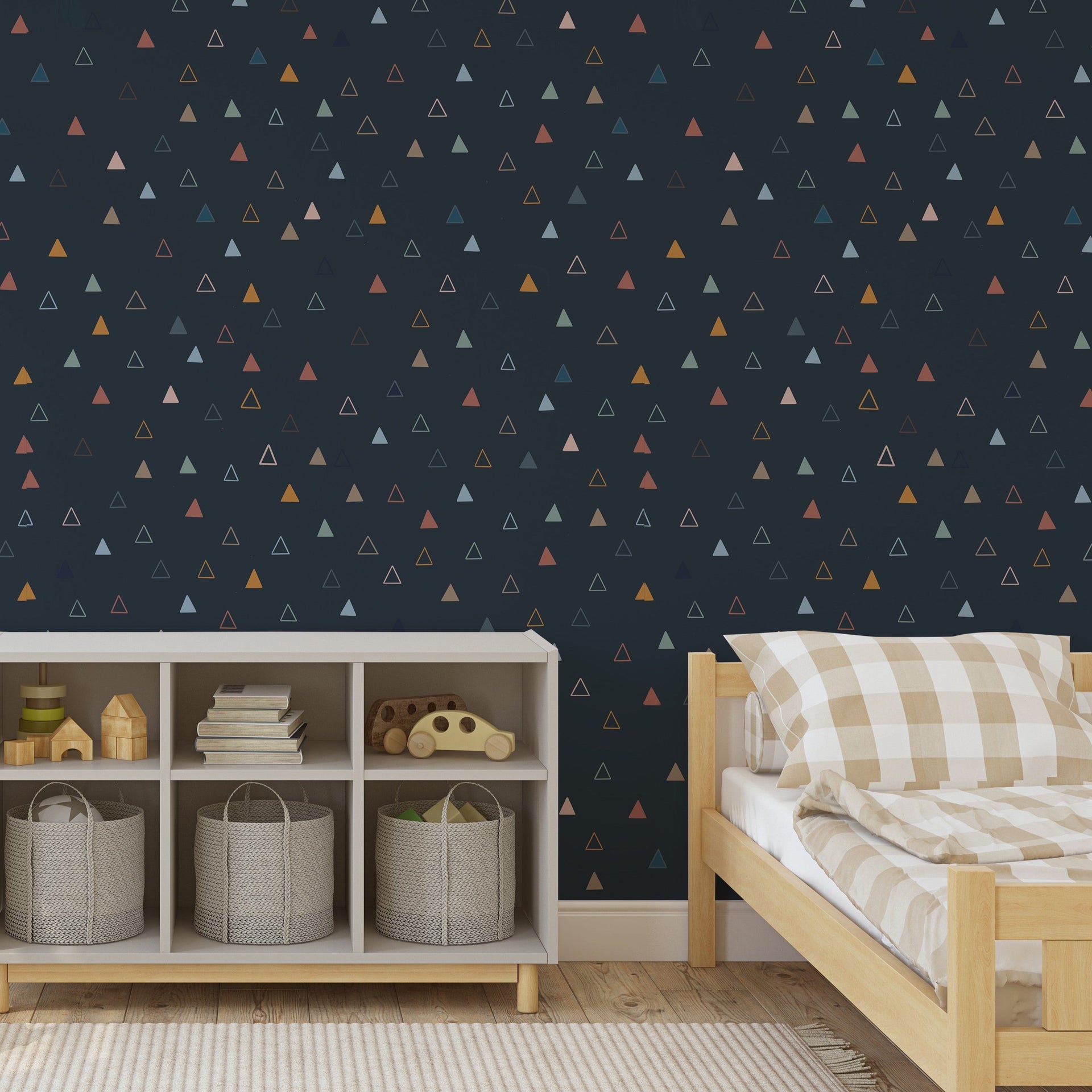 Nolan geometric wallpaper in navy blue, terracotta, sage green, and mustard yellow.
