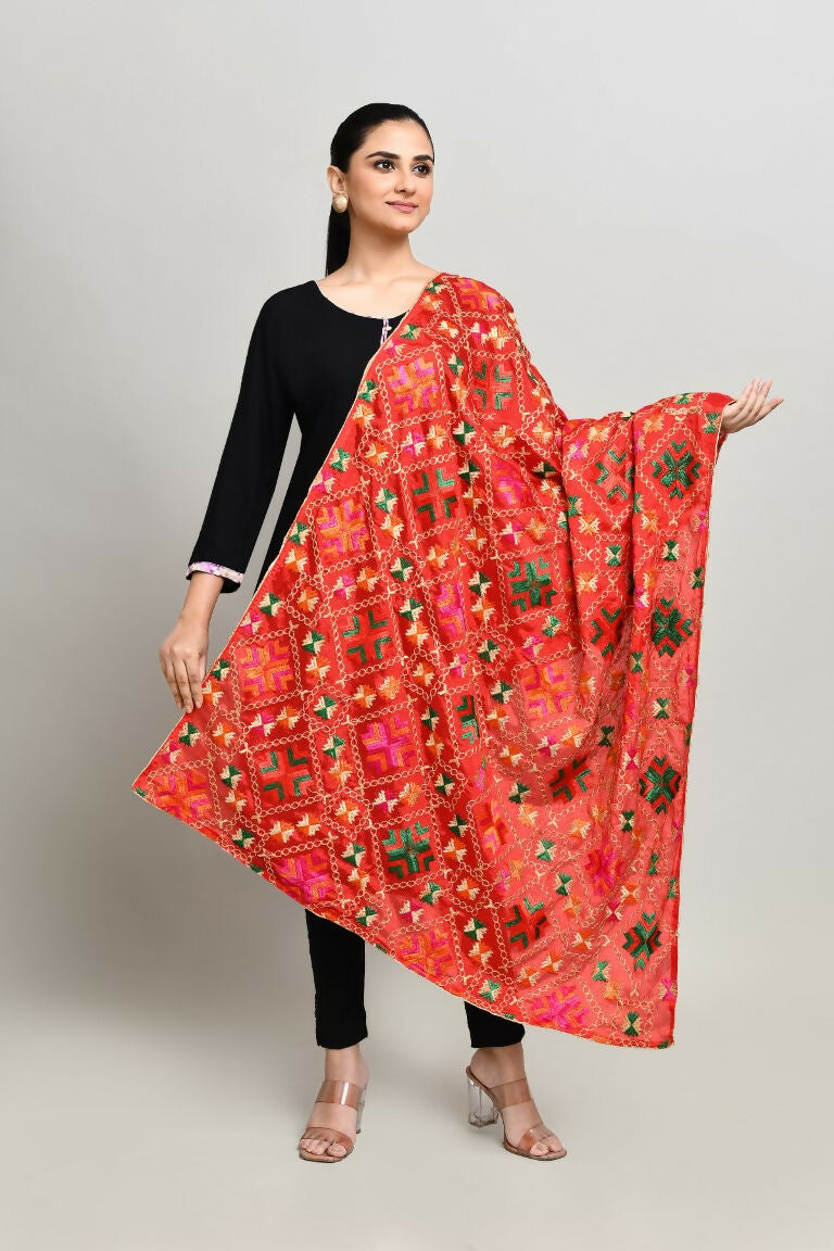 Multi Color Cotton Phulkari Dupatta with Geometric Embroidery