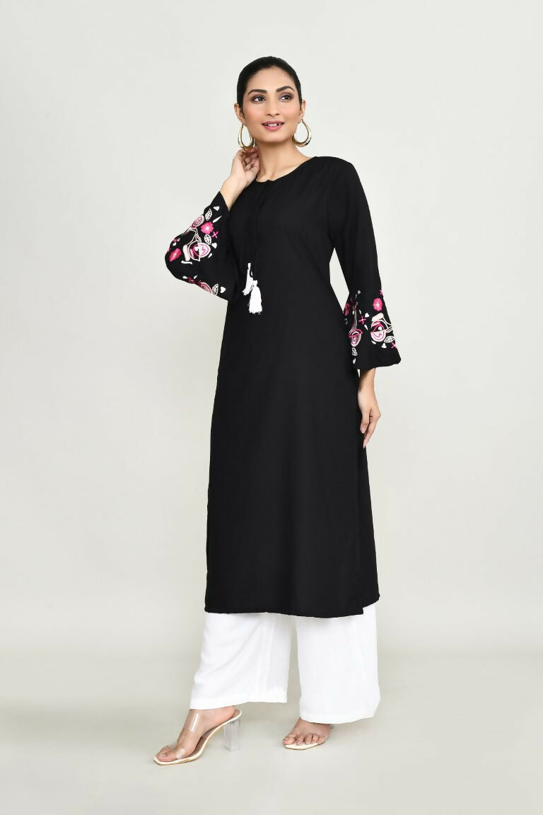 Black Embroidered Rayon Tunic for Women