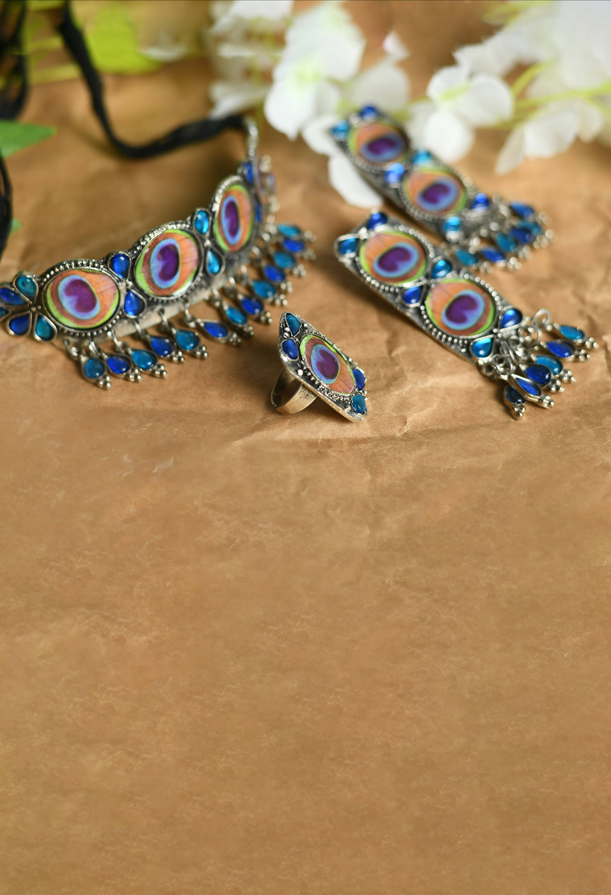 Peacock Wings Choker Necklace in Oxidised Silver-Plated Brass