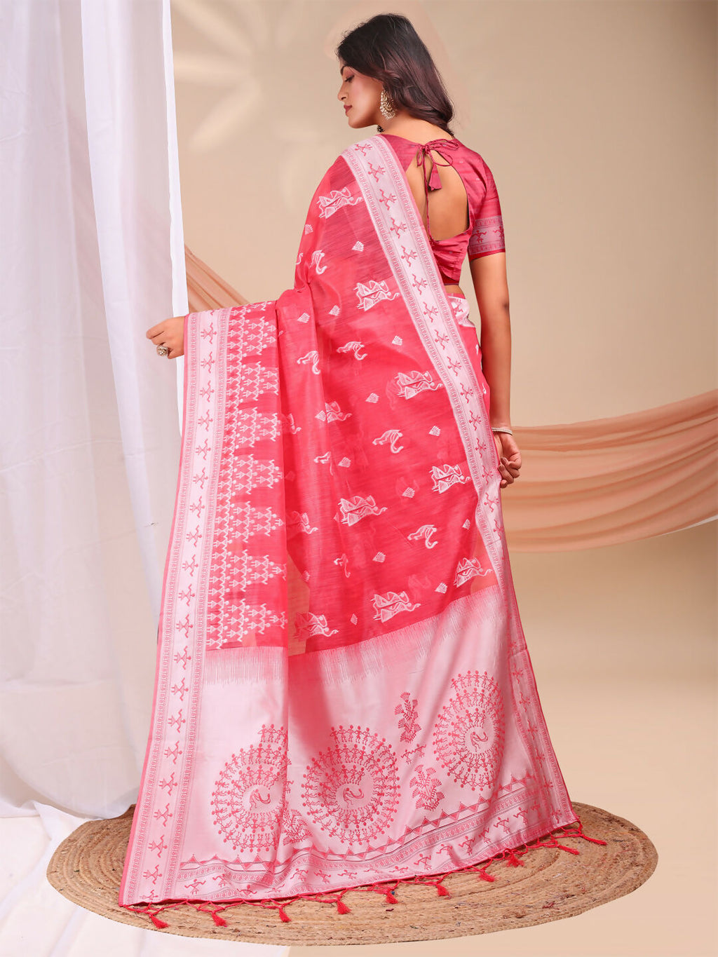 Varnika Pink Linen Cotton Saree with Matching Blouse