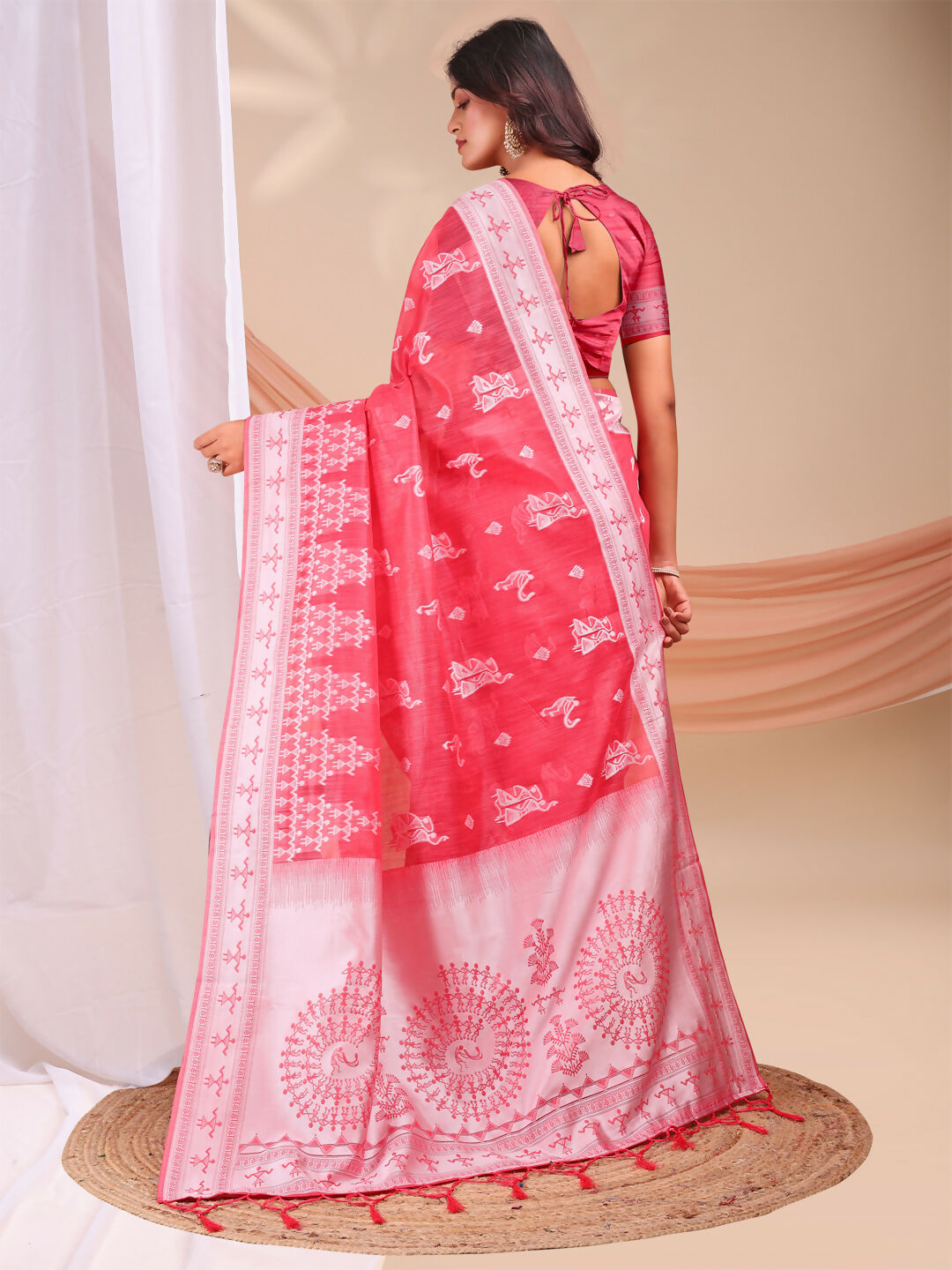 Varnika Pink Linen Cotton Saree with Matching Blouse