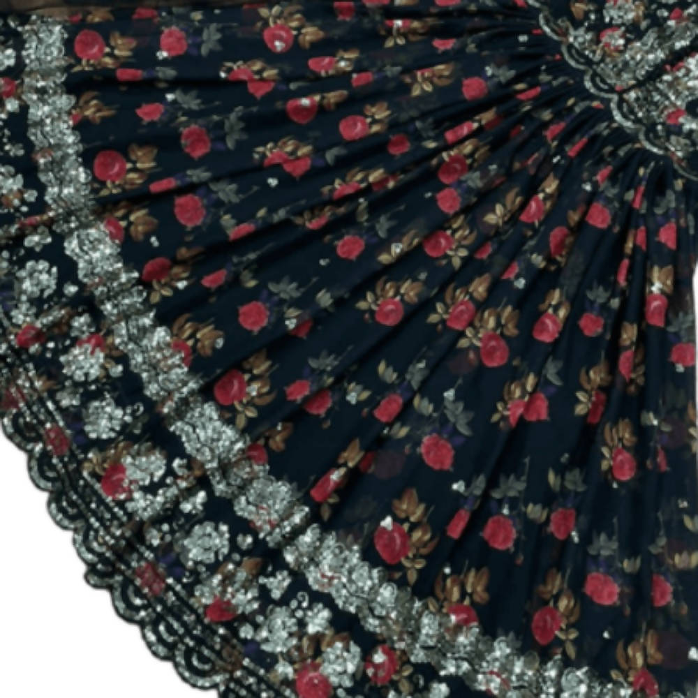 Black Georgette Designer Gown with Floral Print and Sequence Work