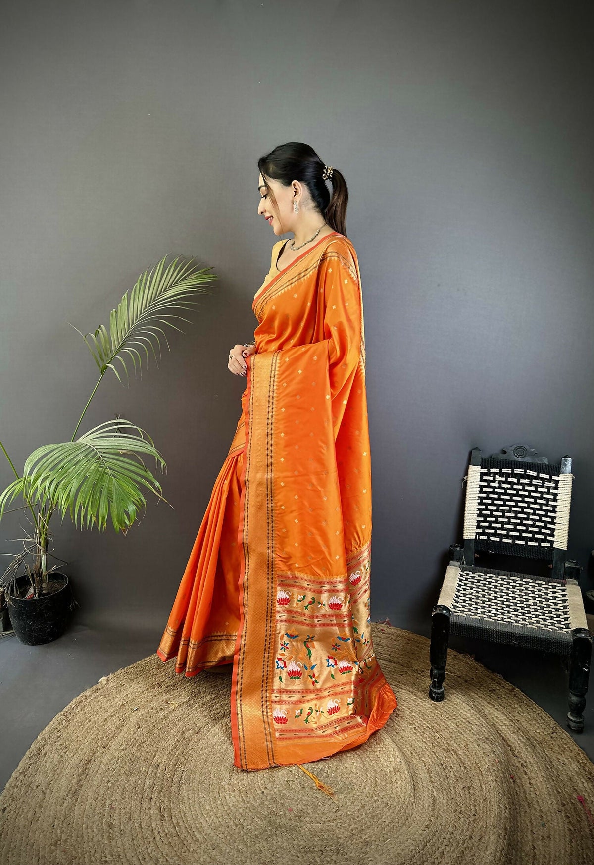 Orange Butti Woven Soft Lichi Silk Paithani Saree