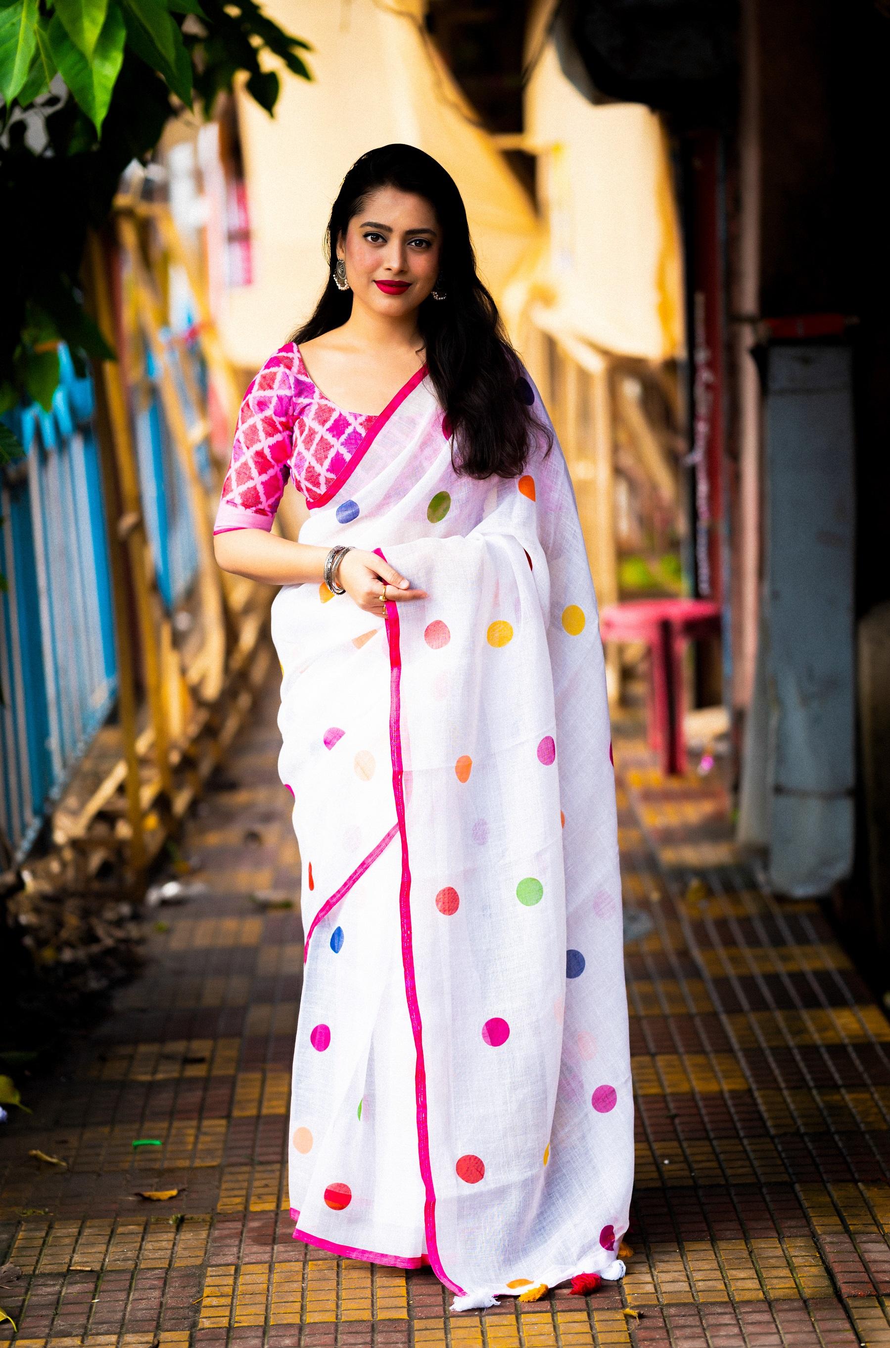 White Pure Linen Ethnic Motif Saree with Printed Blouse