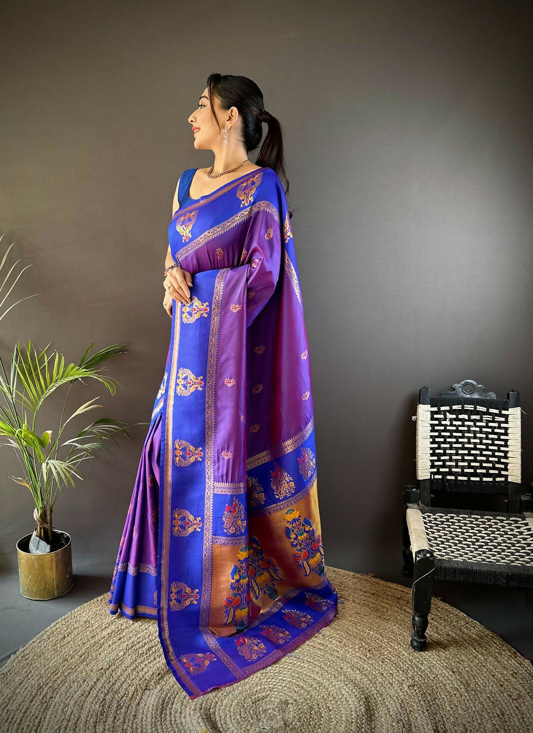 Royal Blue Meenakari Weaving Paithani Saree with Blouse Piece