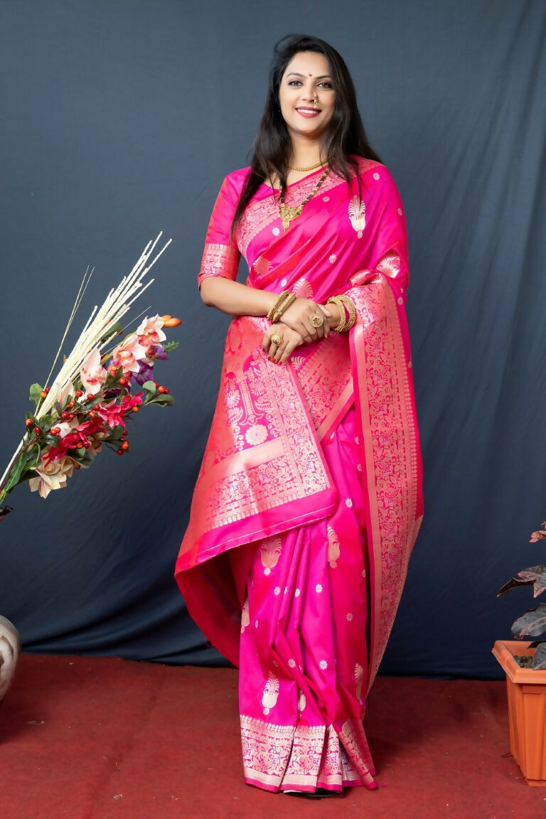 Women's Pink Paithani Silk Zari Woven Saree with Matching Blouse