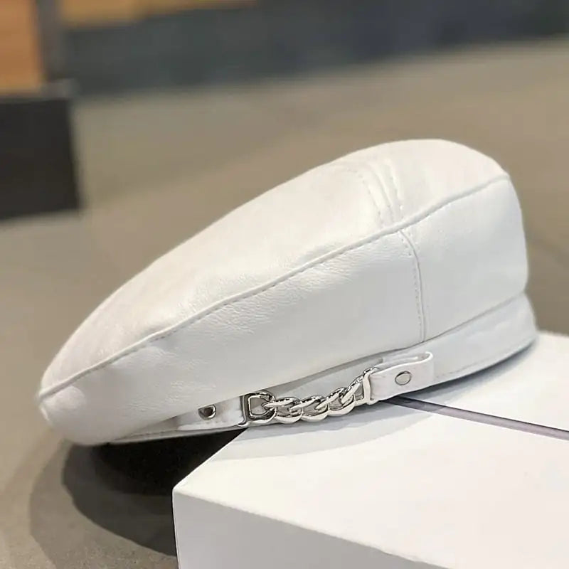 Women's PU Leather Chain Detail Beret Hat - Image 6