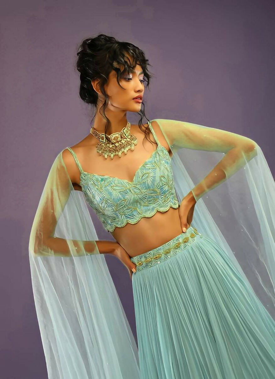 Turquoise Faux Georgette Lehenga Choli with Crush & Zari Work