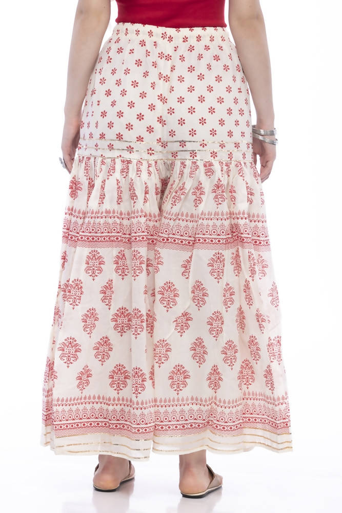 Cotton Block Print Palazzo Pants with Lace Work in Red