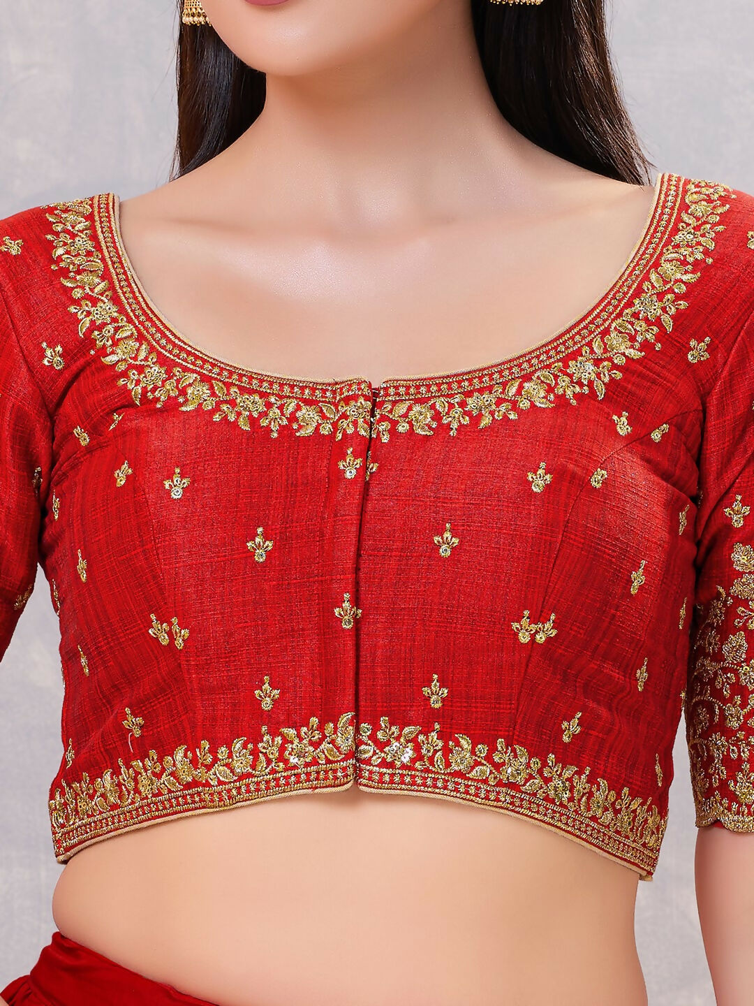 Women's Dark-Red Silk Stitched Blouse with Embroidery and Padding