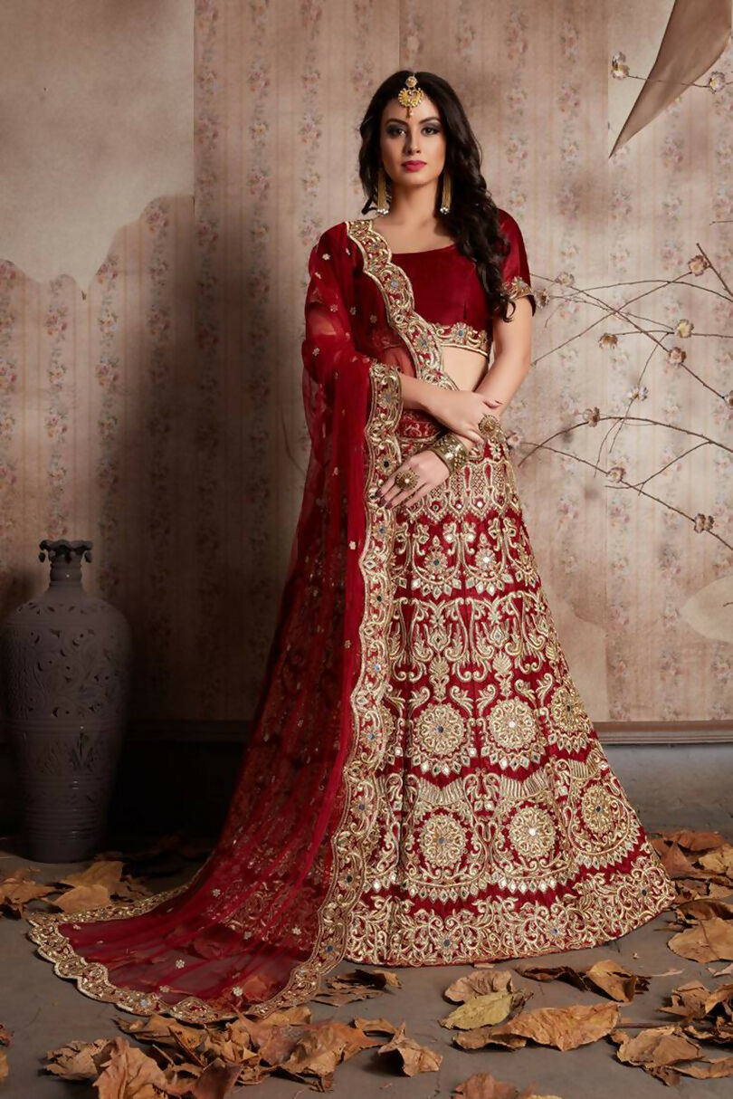 Red Sequins Embroidered Velvet Lehenga Choli with Mirror Work