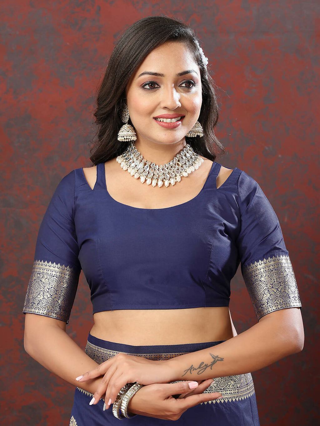 Navy Blue Soft Silk Saree with Gold Zari Weaving