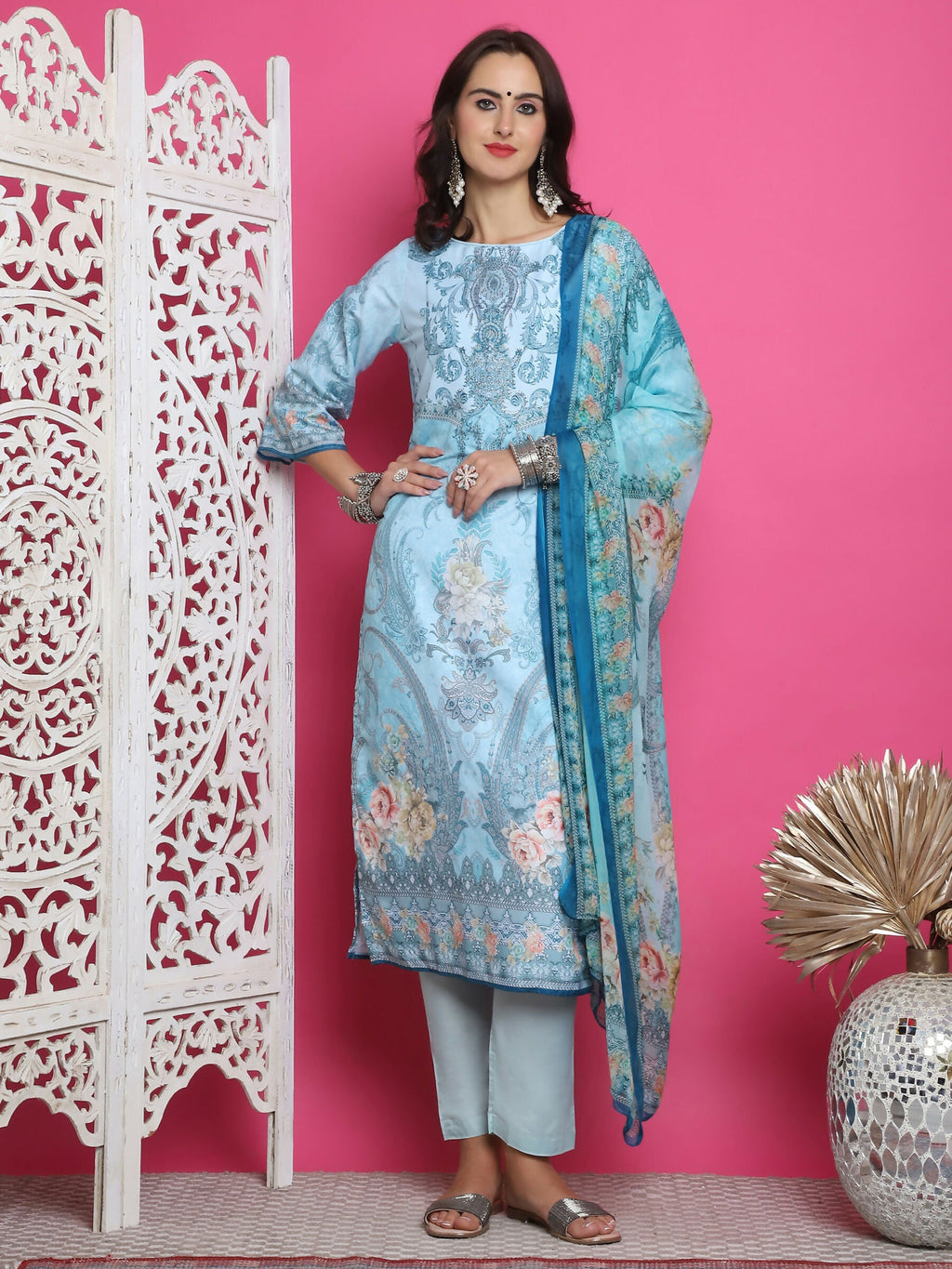 Turquoise satin kurta featuring digital traditional print and crystal embellishments with trousers and dupatta