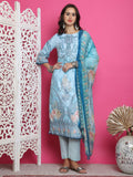 Turquoise satin kurta featuring digital traditional print and crystal embellishments with trousers and dupatta