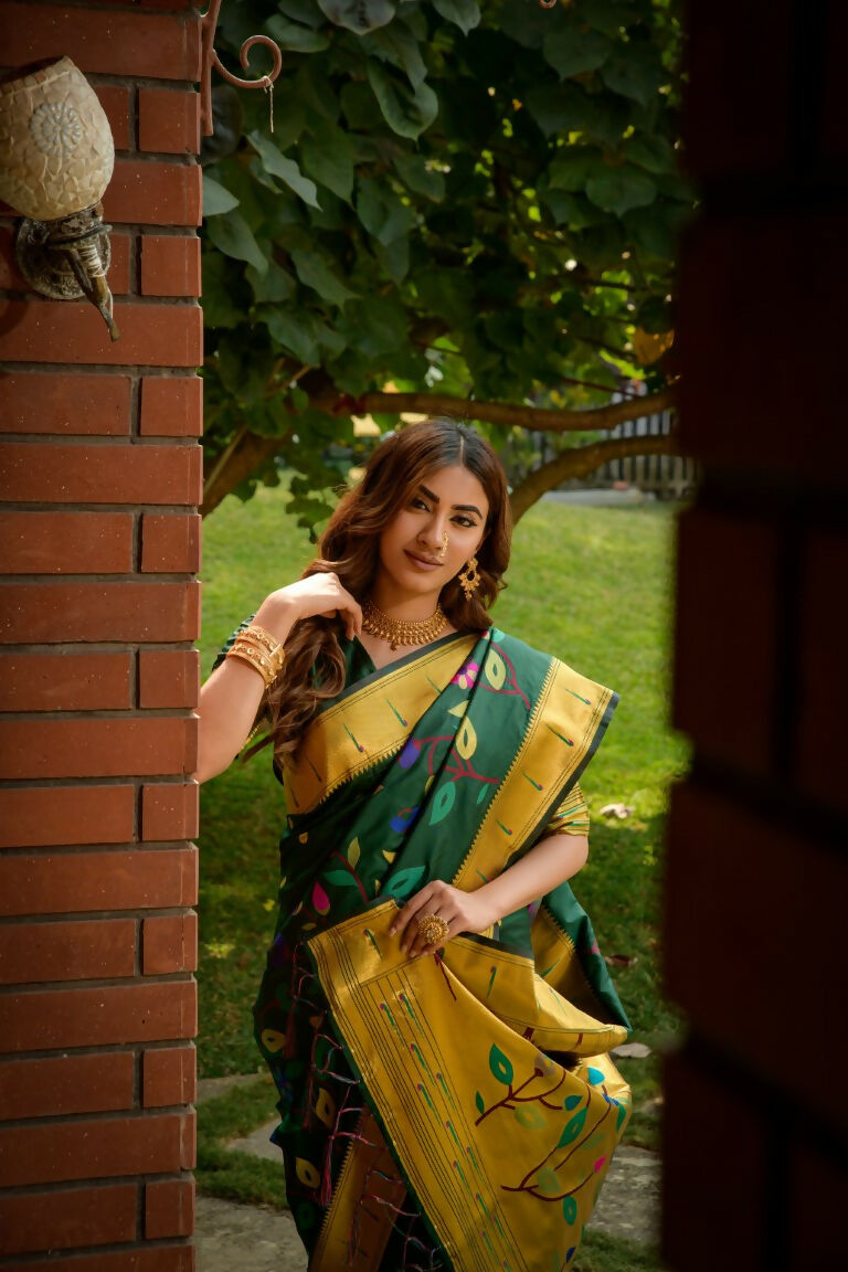 Bottle Green Paithani Silk Saree with Matching Blouse Piece