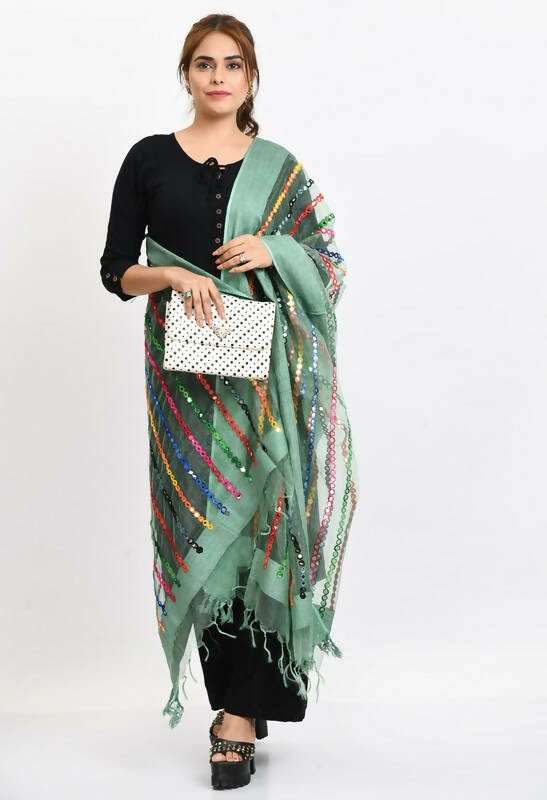 Pista Green Organza Dupatta with Multi Thread and Mirror Work