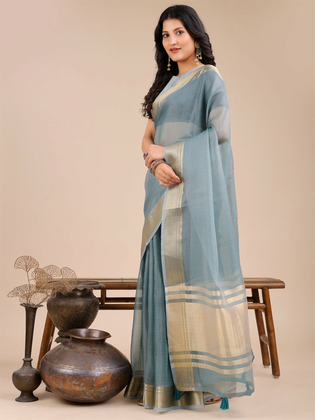 Seoul Sea Green Organza Saree with Matching Blouse