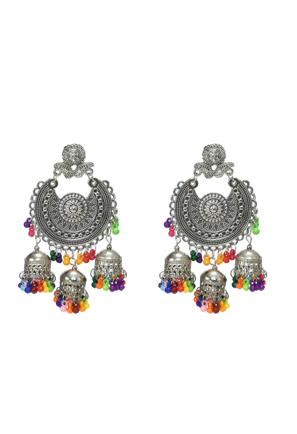 Silver and Multicolor Jhumka Earrings with Maang Tikka Set