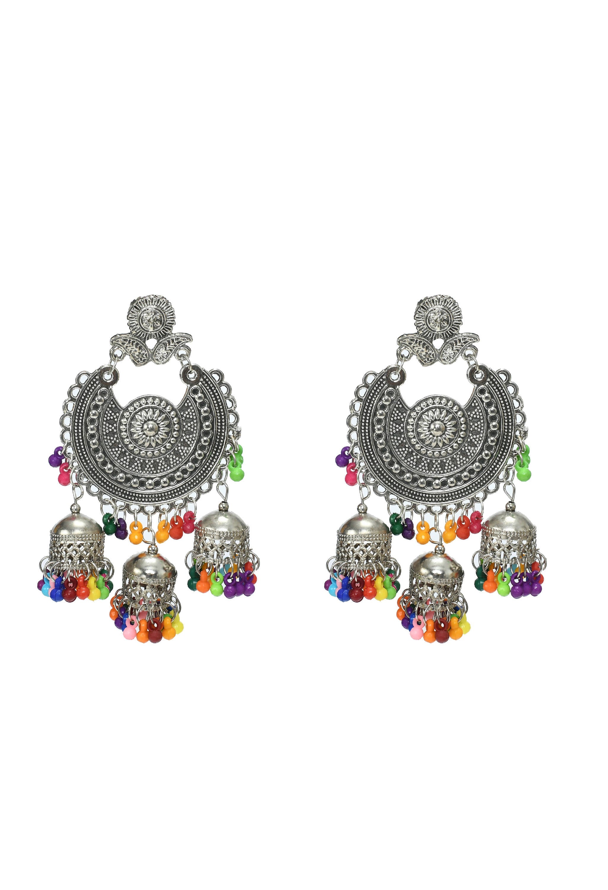 Silver and Multicolor Jhumka Earrings with Maang Tikka Set
