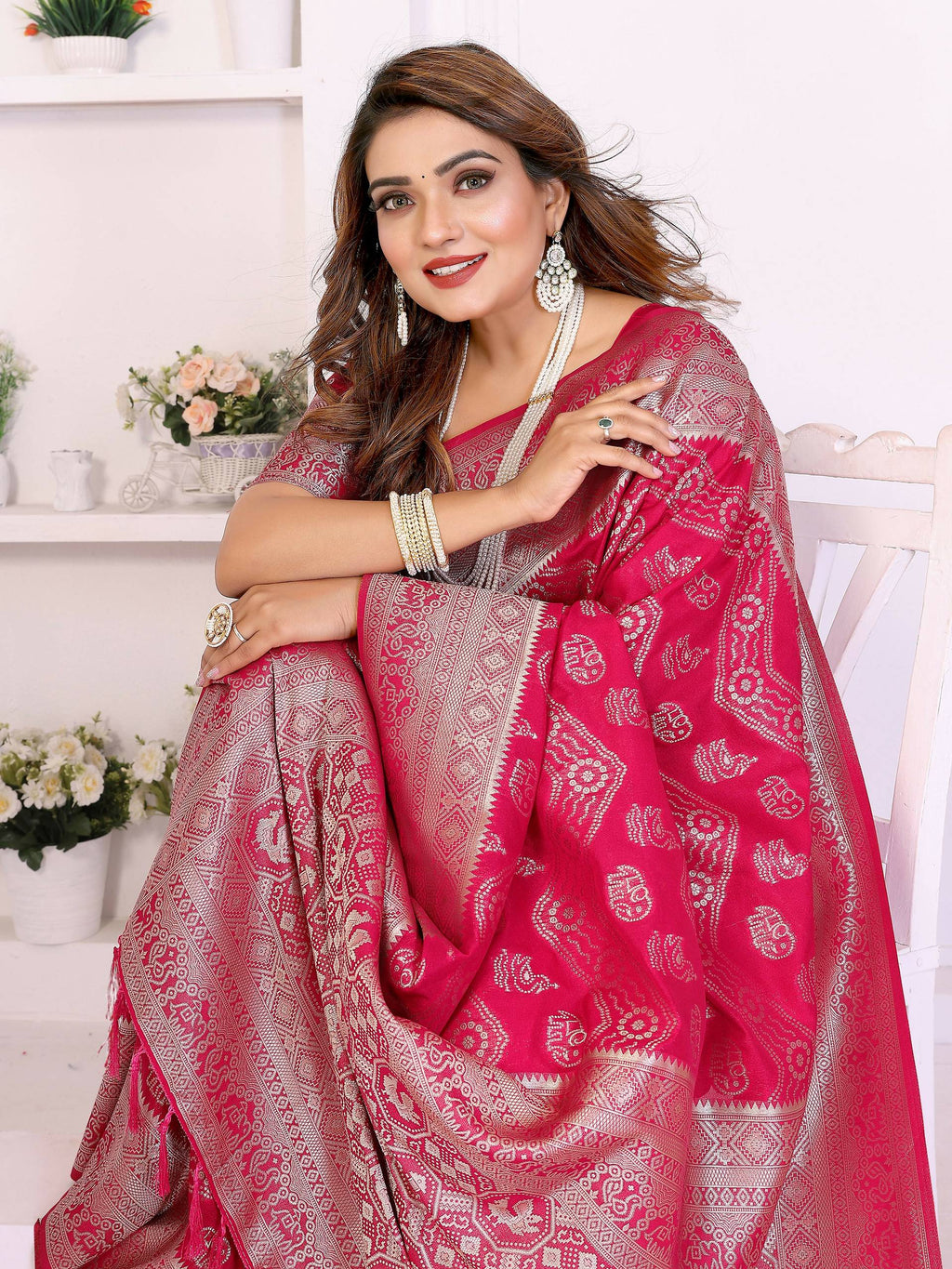 Magenta Georgette Silk Leheriya Saree with Zari Weaving
