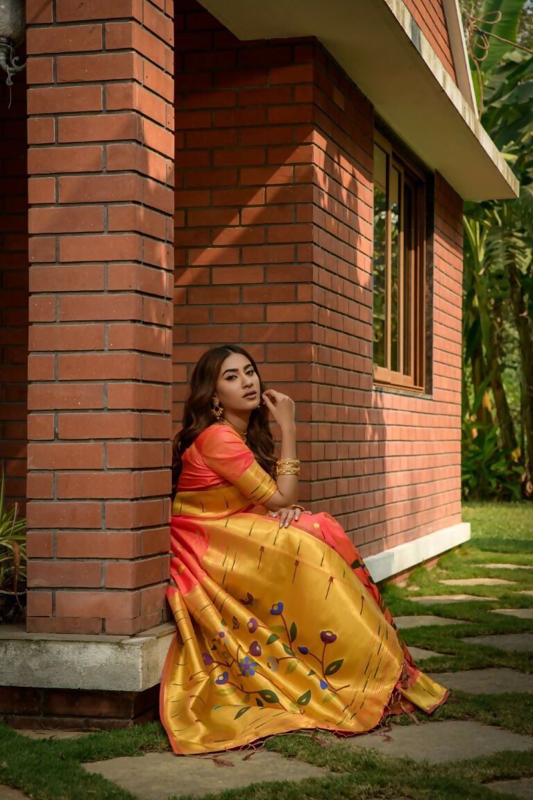 Coral Paithani Silk Saree with Zari Woven Border and Blouse