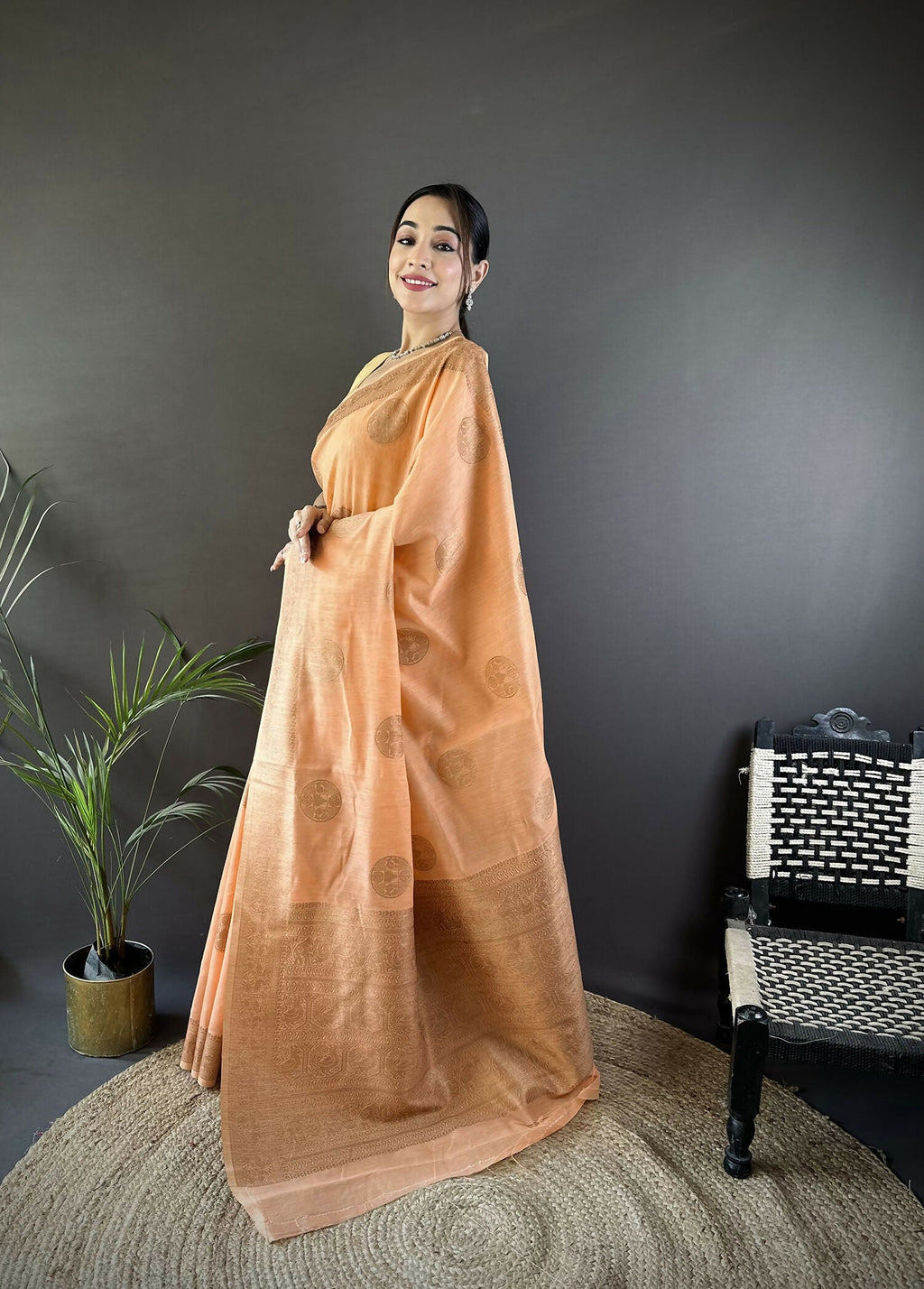 Orange Floral & Paisley Linen Silk Banarasi Saree