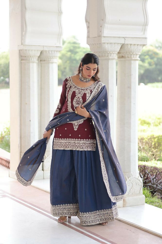 Maroon Silk Kurta Set with Sequins, Zari & Thread Embroidery