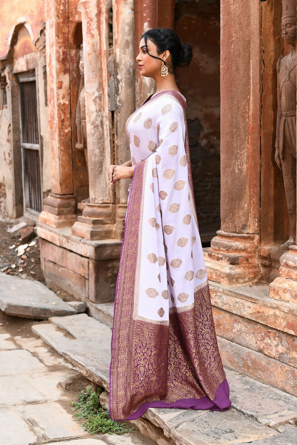 Joban Fashion Light Purple Crepe Chiffon Pure Handloom Banarasi Silk Saree