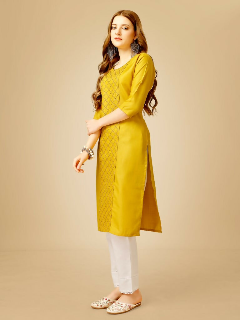 Jyoti Fashion Women's Yellow Cotton Blend Embroidered Kurta Pant Set