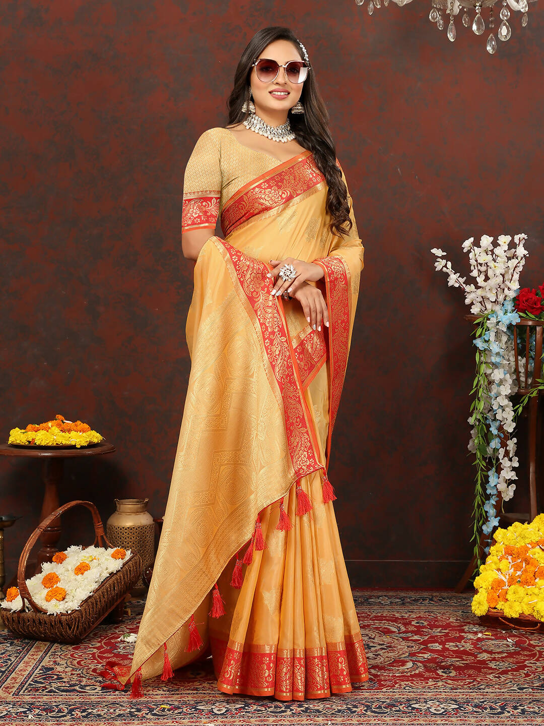 Gold Woven Cotton Saree with Traditional Zari Weaving Design