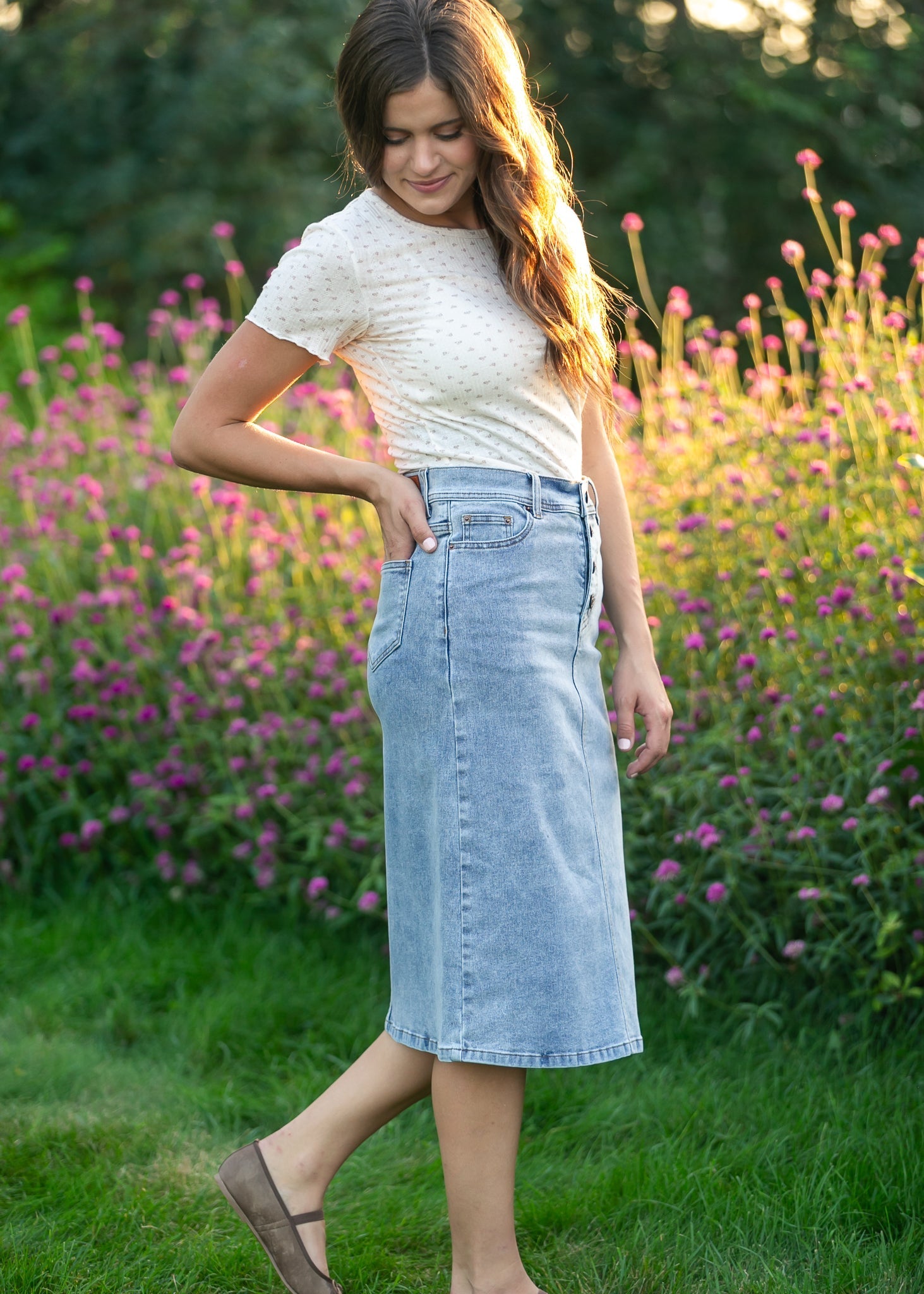 Josie A-Line Denim Midi Skirt | Light Blue Classic