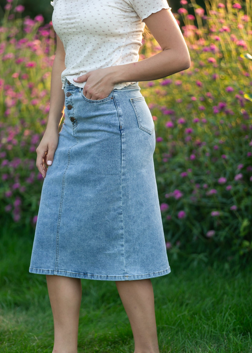 Josie A-Line Denim Midi Skirt | Light Blue Classic