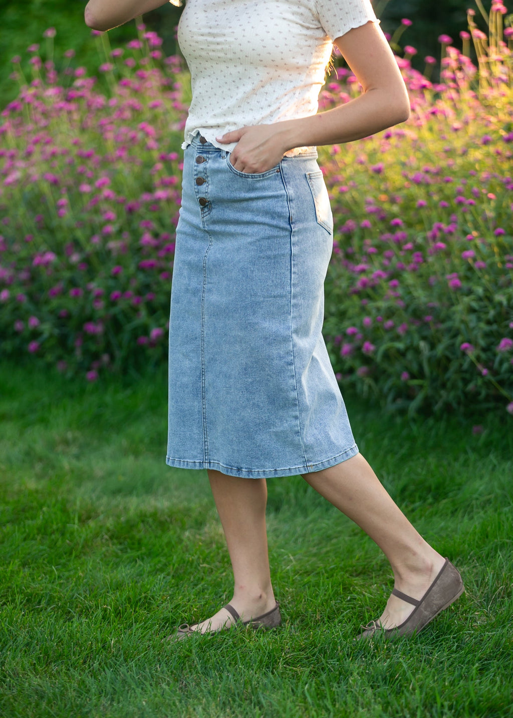 Josie A-Line Denim Midi Skirt | Light Blue Classic