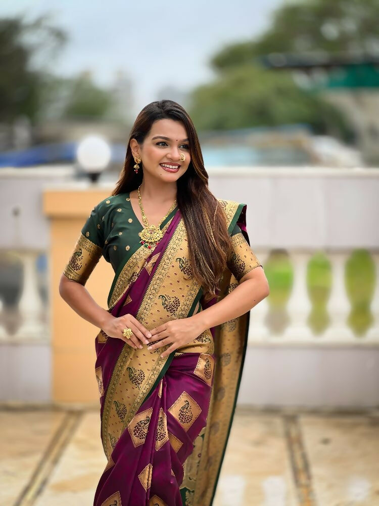 Wine Soft Banarasi Silk Saree with Zari Weaving and Meenakari