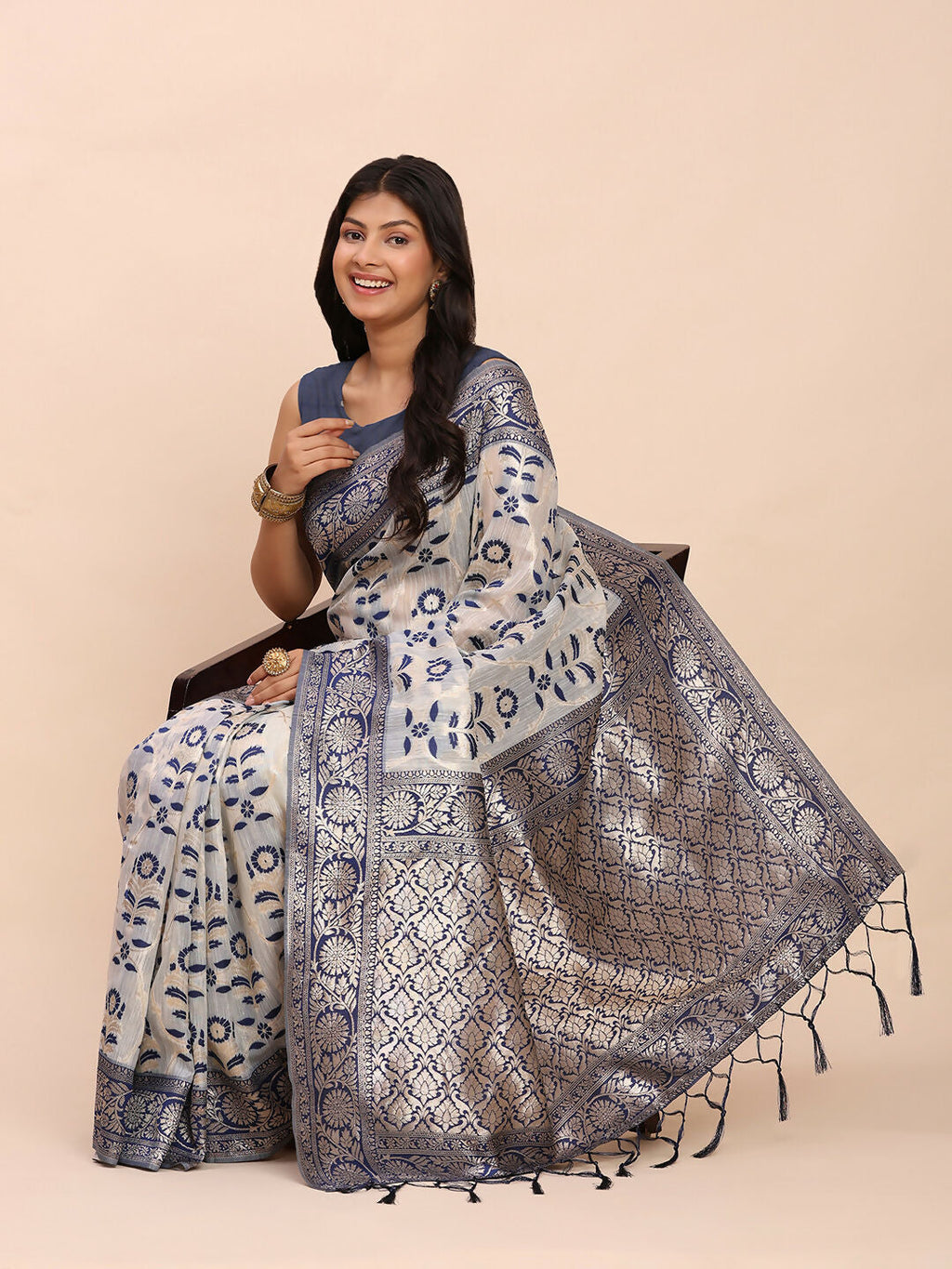 Navy Blue Linen Cotton Saree with Matching Blouse Piece