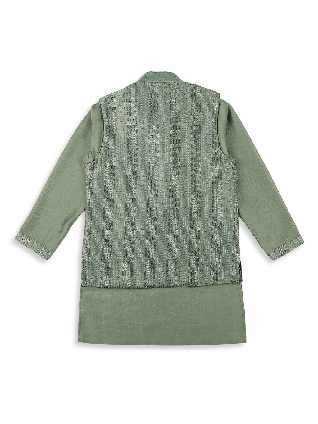 Boys Green Embroidery Sequence Kurta Pyjama with Nehru Jacket