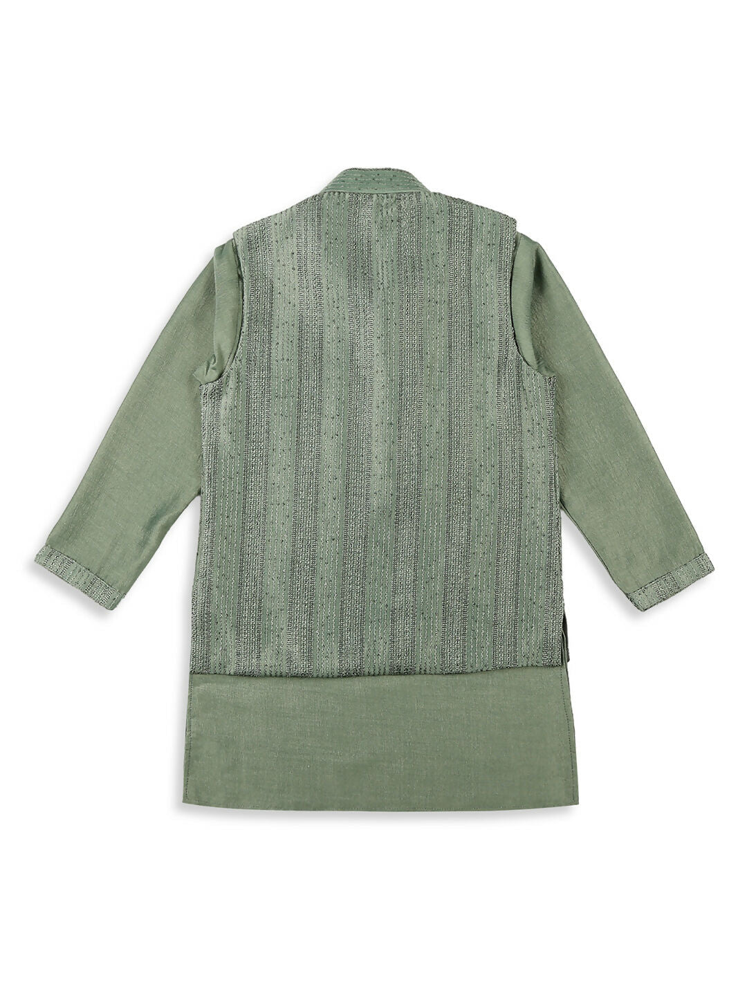 Boys Green Embroidery Sequence Kurta Pyjama with Nehru Jacket