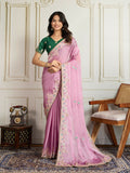 Elegant pink Rangoli silk saree with embroidery work and a green blouse